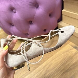 AQUAZZURA Gray Lace Up Gold Heel Suede Round Toe Ballerina Ballet Flat 🩰🩶